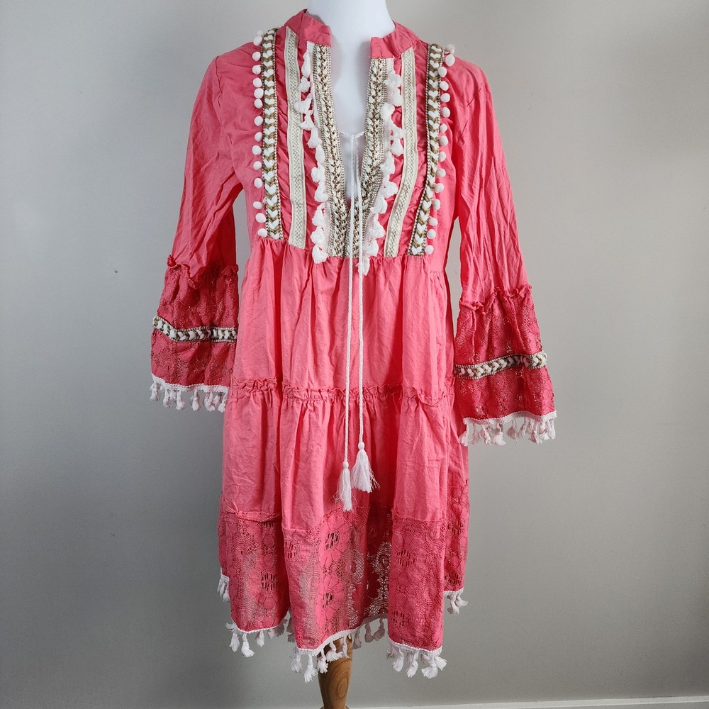 Boho‎ Tassel Mini Dress Womens Large Pink Lace Pom Pom Trim Tiered Cottagecore